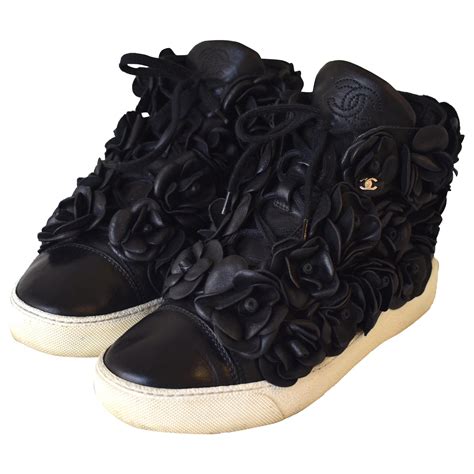 chanel camellia flowers sneakers black leather|sz 10 chanel camellia sandals.